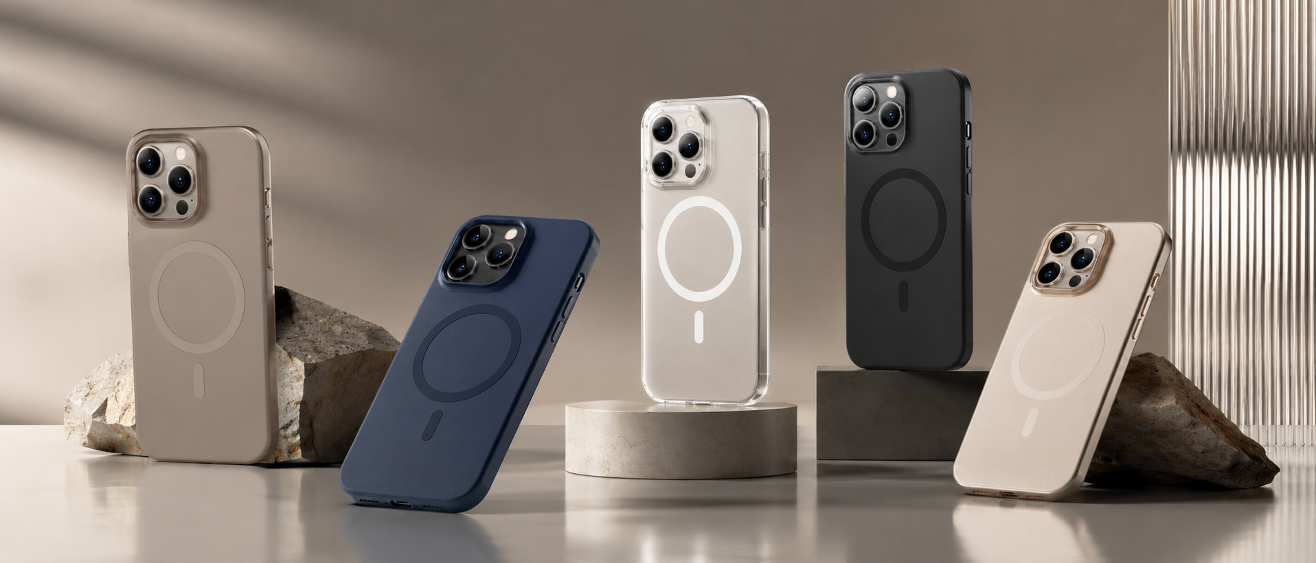 Collection of smartphones with MagSafe technology on a neutral background